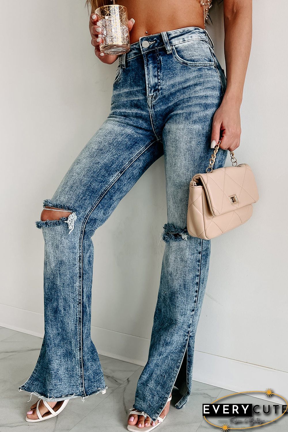 Sky Blue Vintage Distressed Split Hem Straight Leg Jeans
