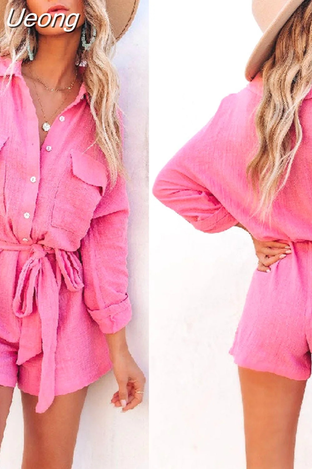 Ueong Summer Pink Long Sleeve Pockets Belt Romper Single-breasted Cool Jumpsuit Romper High Street Overall Fashion Romper