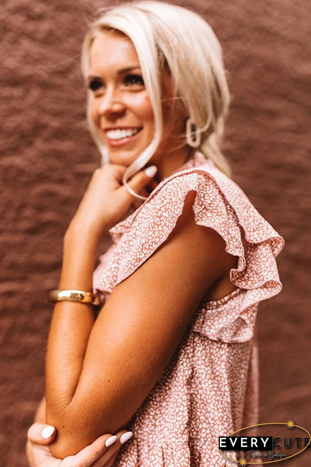 Pink Polka Dot Print Tiered Ruffled Short Sleeve T-shirt