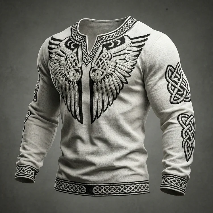 Men's Viking Tribal Jacquard Celtic With Wings Inspired Art Casual Linen Tops