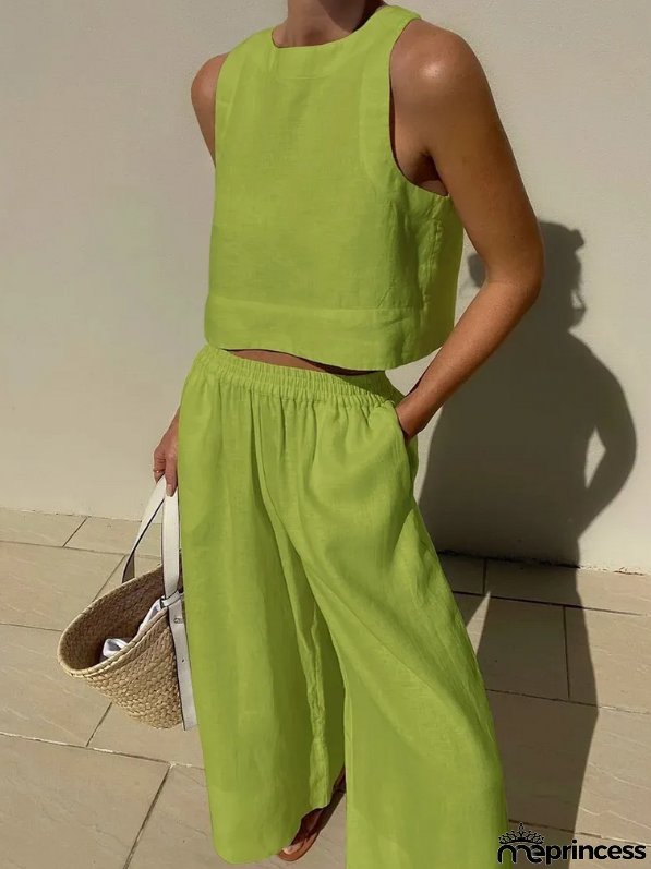 Women's Casual Set Loose Solid Color Sleeveless Shirt and Wide Leg Trousers Two-Piece Set