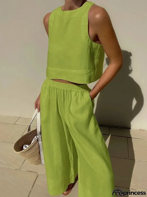 Women's Casual Set Loose Solid Color Sleeveless Shirt and Wide Leg Trousers Two-Piece Set