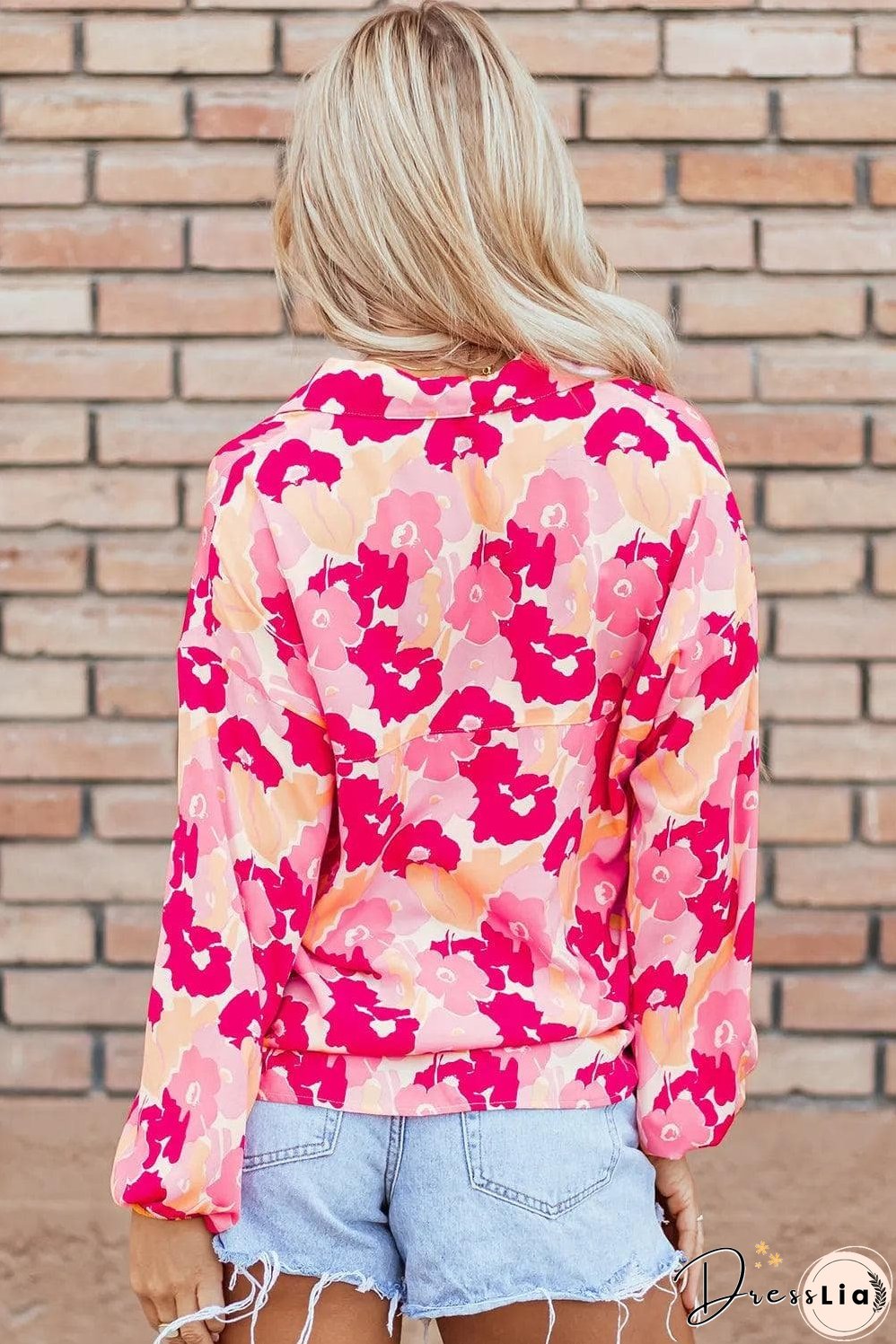 Pink Blooming Floral Print Puff Sleeve Buttoned Shirt