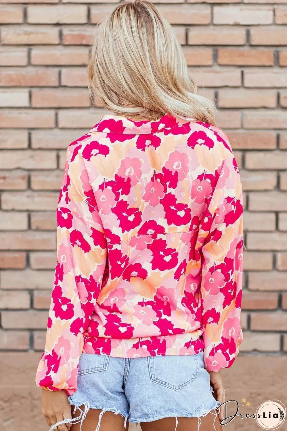 Pink Blooming Floral Print Puff Sleeve Buttoned Shirt