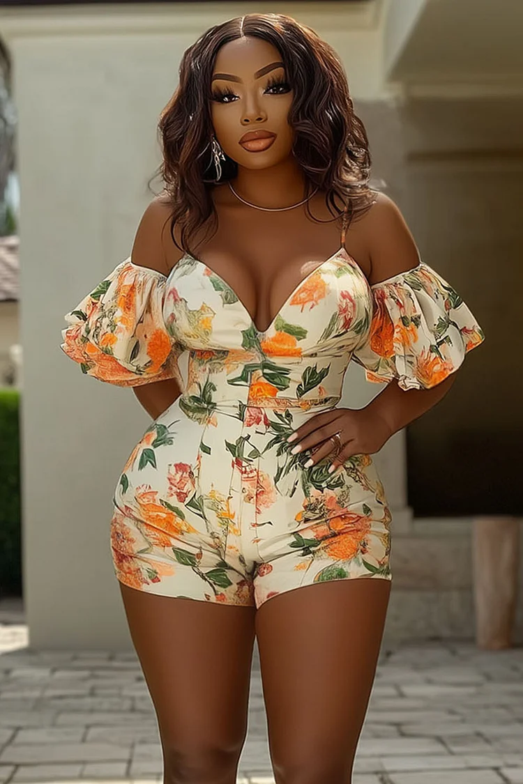 Floral Cold Shoulder Puff Sleeve V Neck Romper Playsuit-Beige [Pre Order]