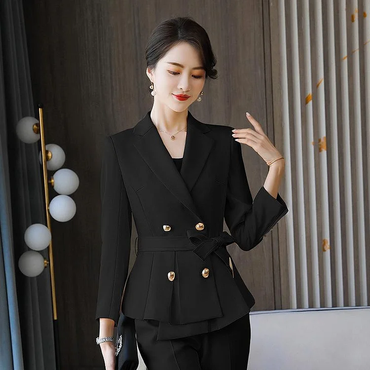 Women Pants Suit Uniform Designs Formal Style Office Lady Bussiness Attire Fashion Off White Double Breasted Lace Up Two-Piece Suit