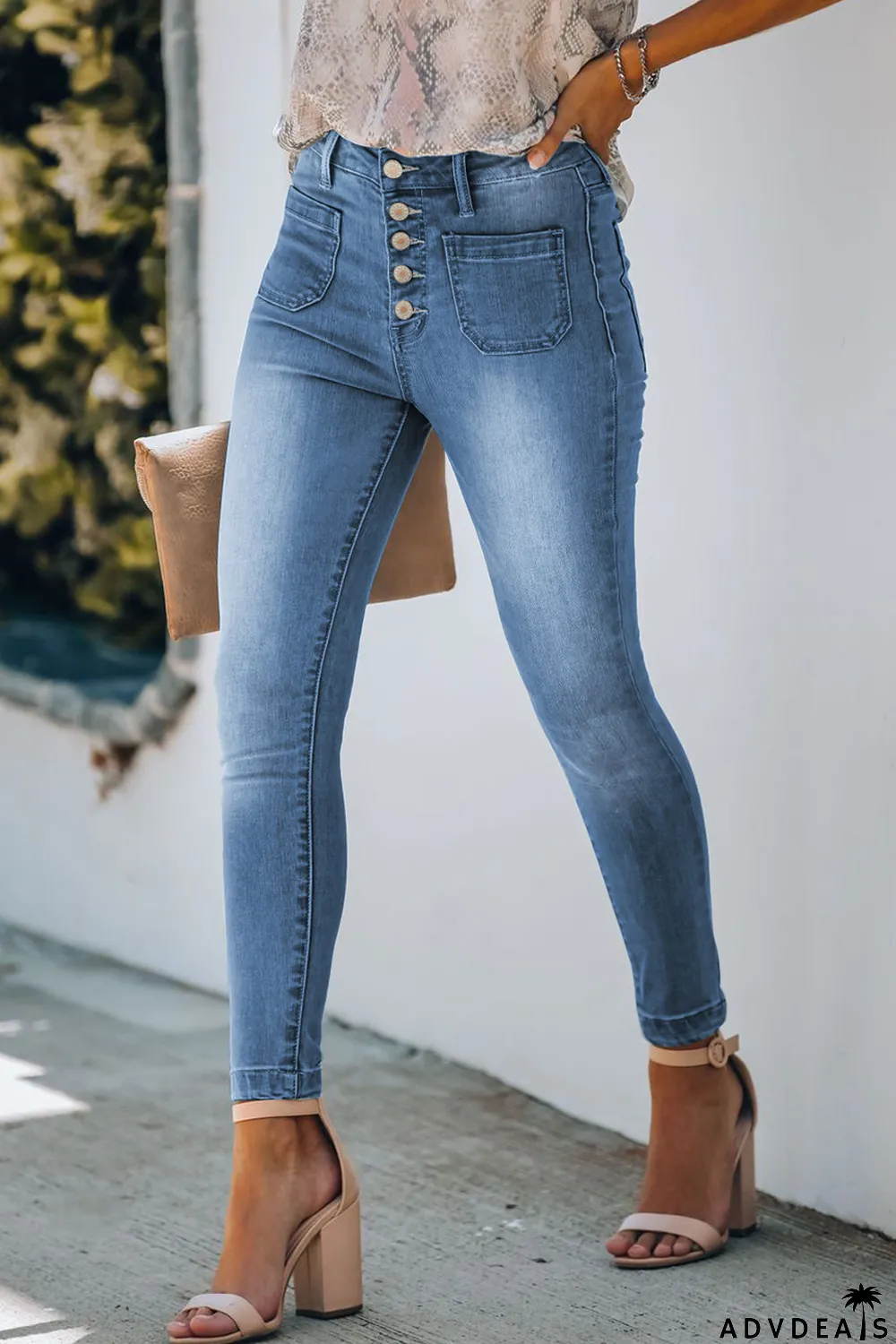 Dark Blue Button Fly Skinny Jeans with Pockets