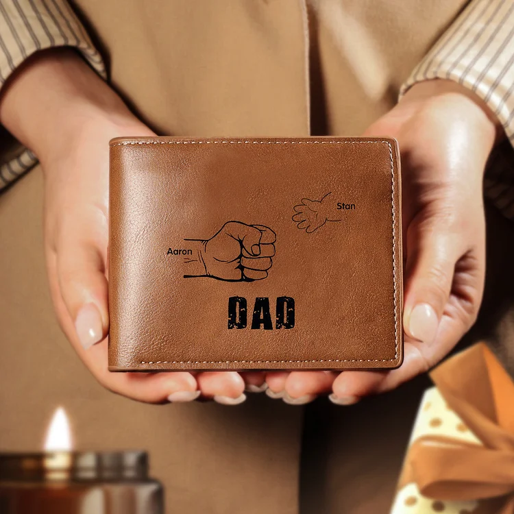 2 Names-Personalized Leather Men Wallet Engraved 2 Names Fist Bump Folding Wallet Gift Set For Dad