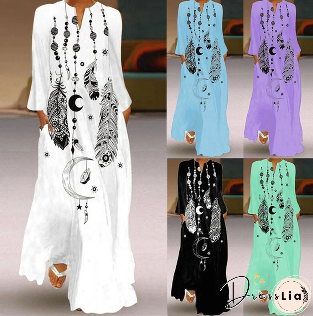 Fashion Women's Long Sleeve Feather Print Maxi Dress Ladies Casual Floor Length Boho Dress Casual Plus Size Dress S-5XL