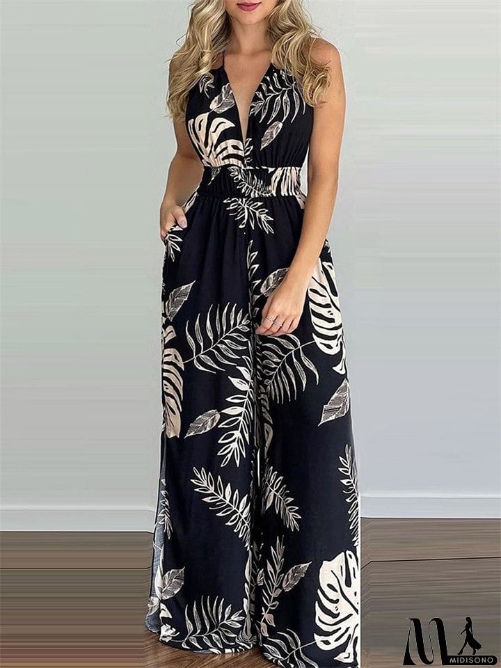 MidiSono - Women's Sexy Backless Digital Print Halter Side Slit Jumpsuit