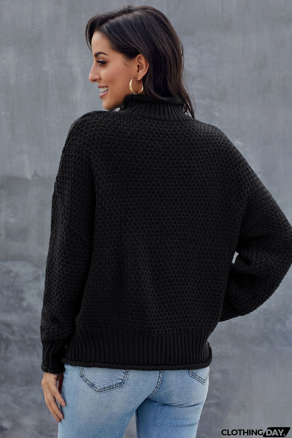 Black Chunky Batwing Long Sleeve Turtleneck Sweater