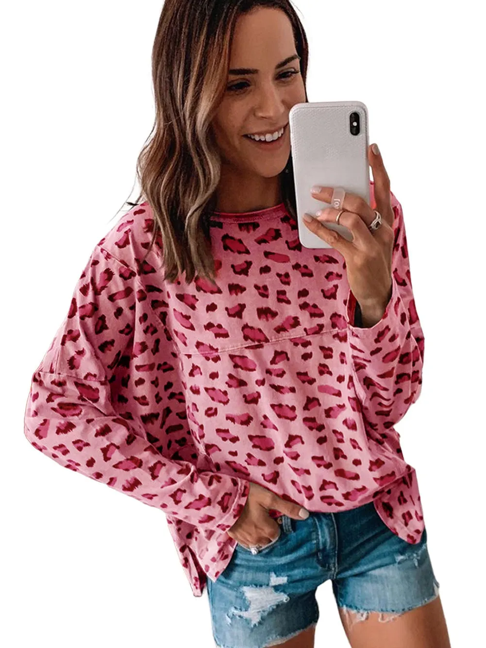 Pink Leopard Print Relaxed Fit Long Sleeve Top