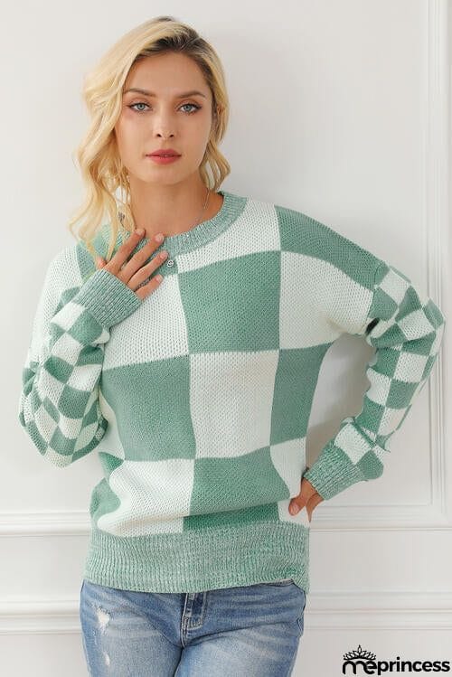 Checkered Drop Shoulder Long Sleeve Sweater
