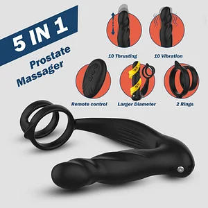 Thrusting Prostate Massager Vibrating Butt Plug With Dual Soft Cock Ring App Remote Control