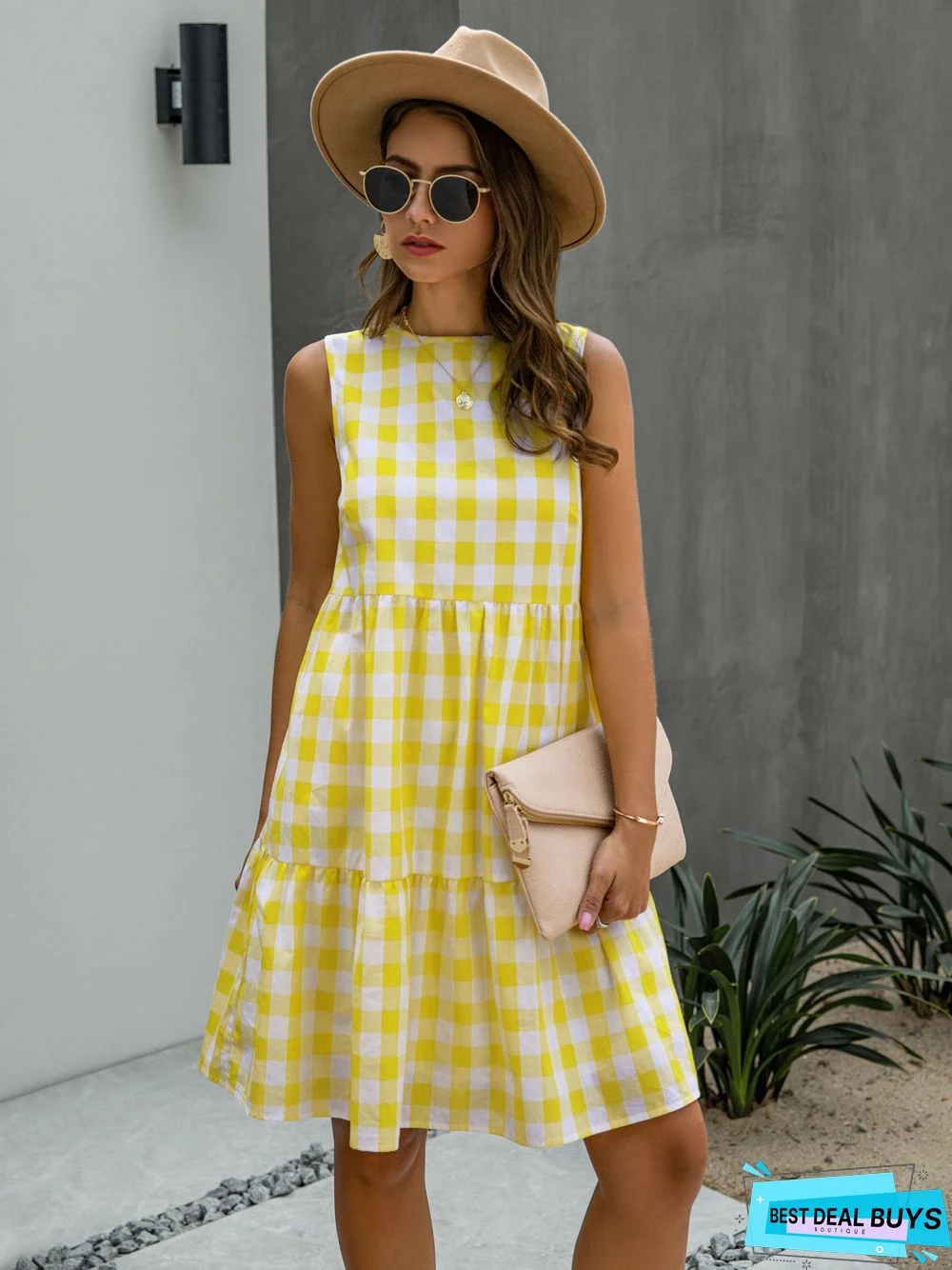Fashion Round Neck Plaid Loose Female Plaid Dress Cake Skirt