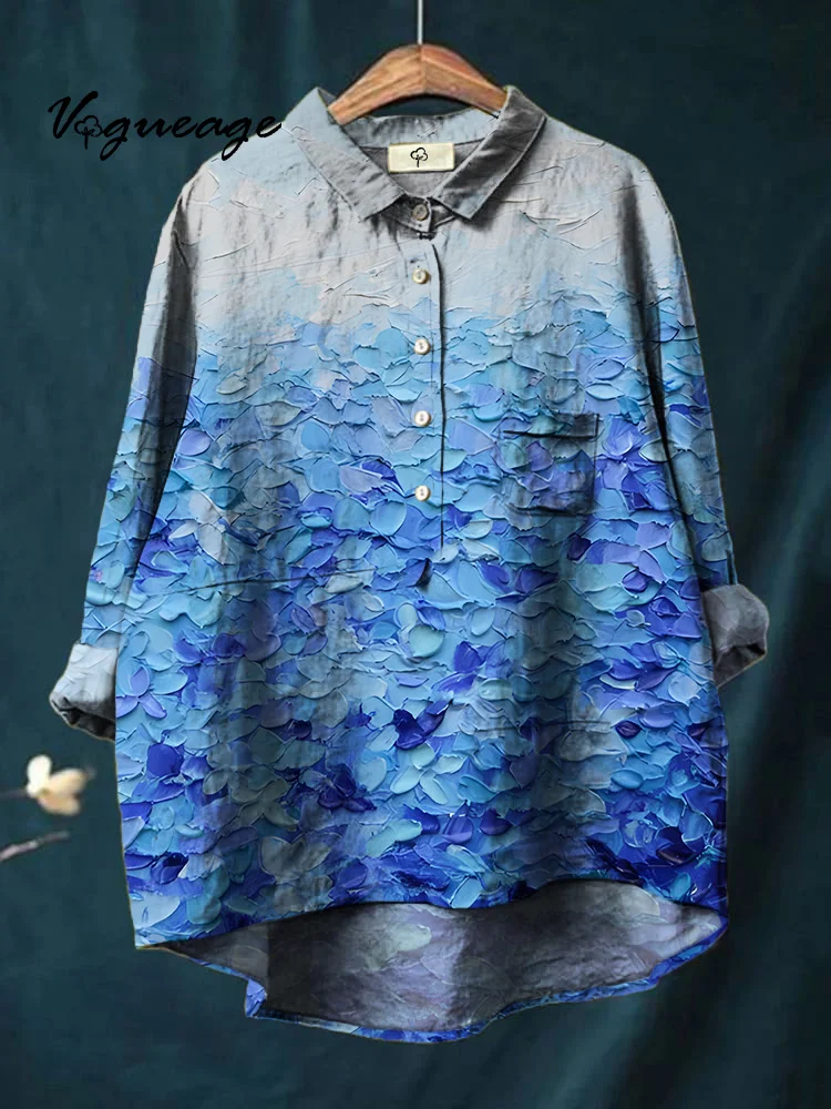 Blue Dreamy Ocean And Snow-Capped Mountains Printed Cotton And Linen Shirt