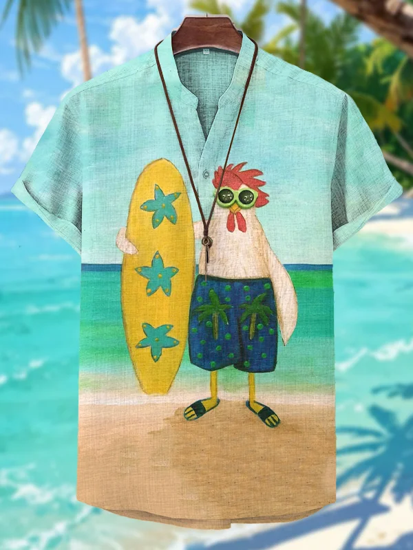 Men's A Chicken Holding A Surfboard Art Print V Neck T-Shirt