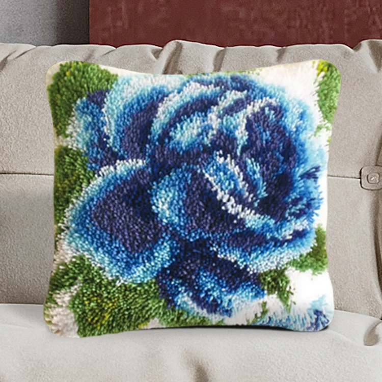 Blue Rose Throw Pillow Cover Latch Hook Craft Kits