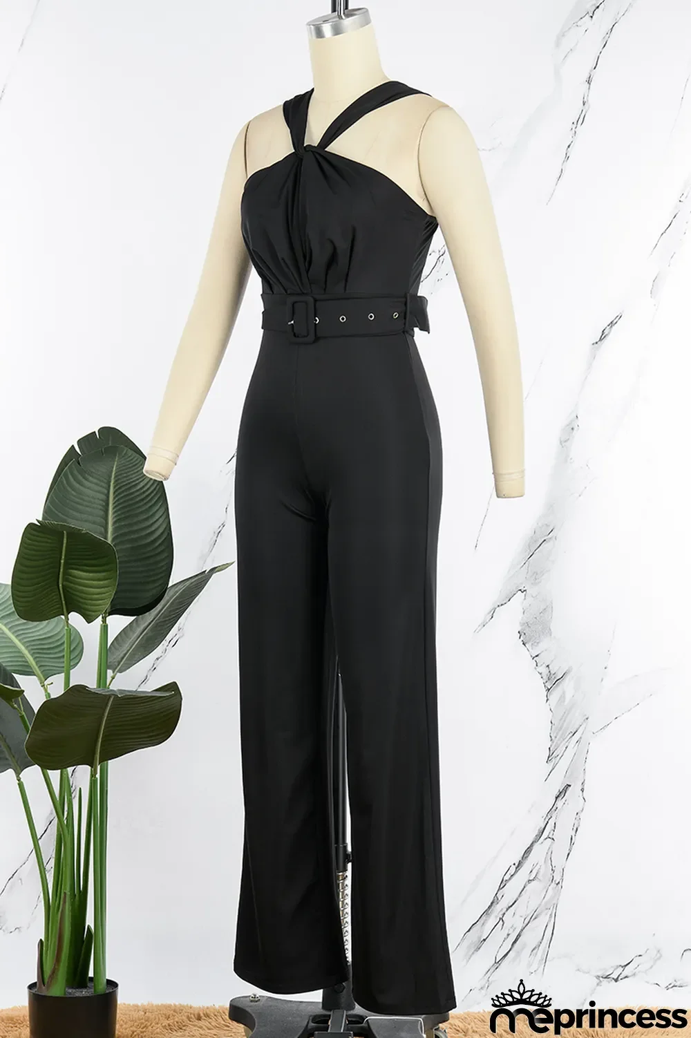 Blue Casual Solid Patchwork Backless With Belt V Neck Regular Jumpsuits