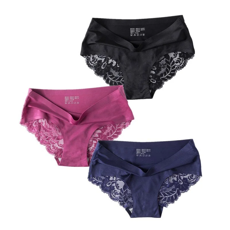 3 Pcs/Set Sexy Seamless Panties Women Lace Underwear Briefs Low Rise Ladies Silk Plus Size Solid Soft Transparent Panty Lingerie