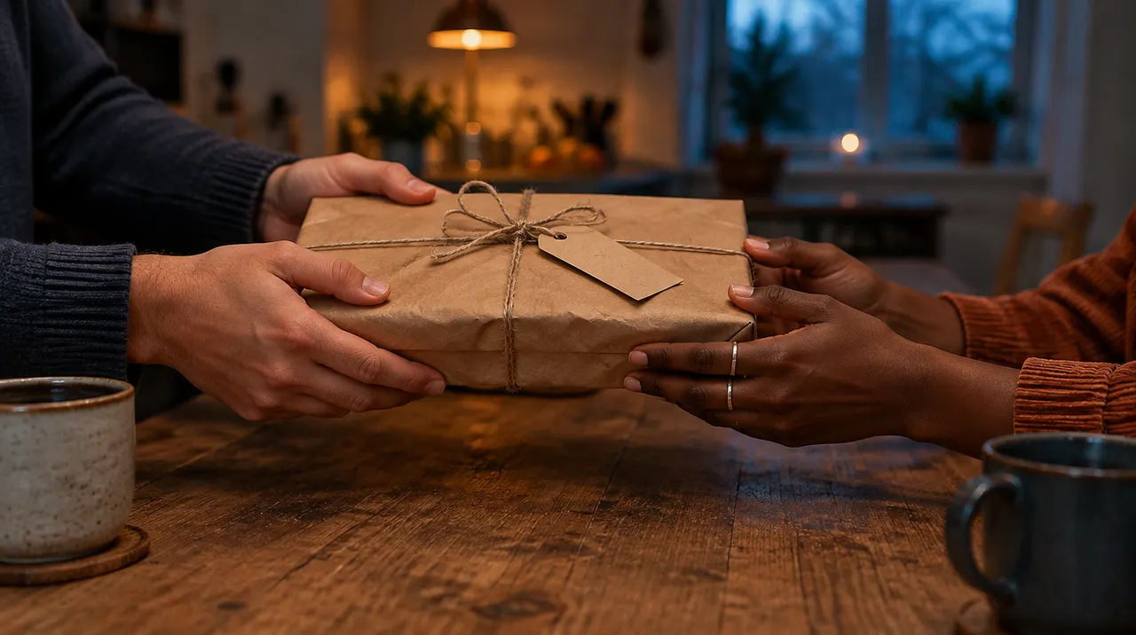 One person handing a wrapped advent calendar gift to another