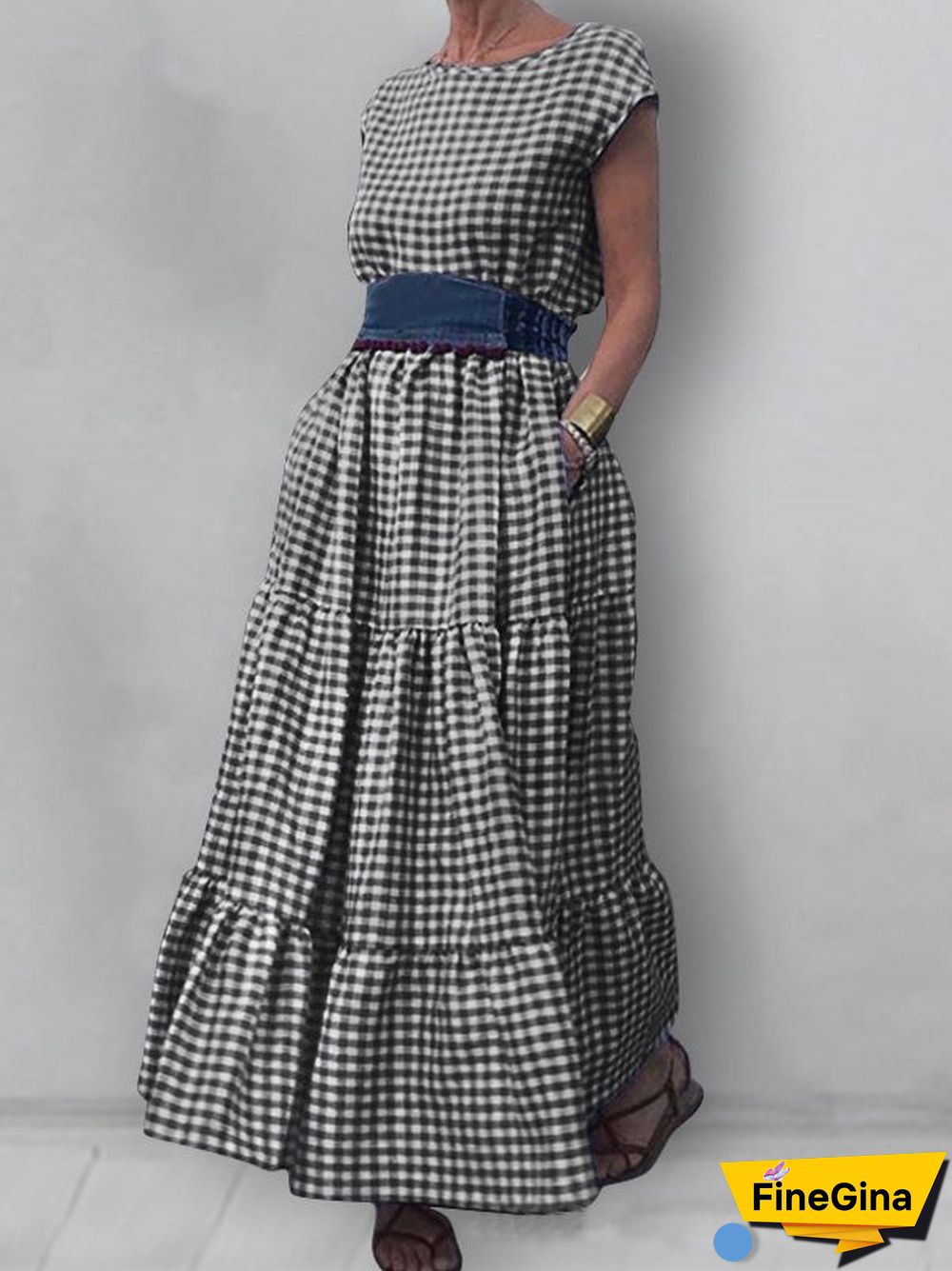 Women'S Dresses Check Print Crew Neck Pocket Maxi Dress