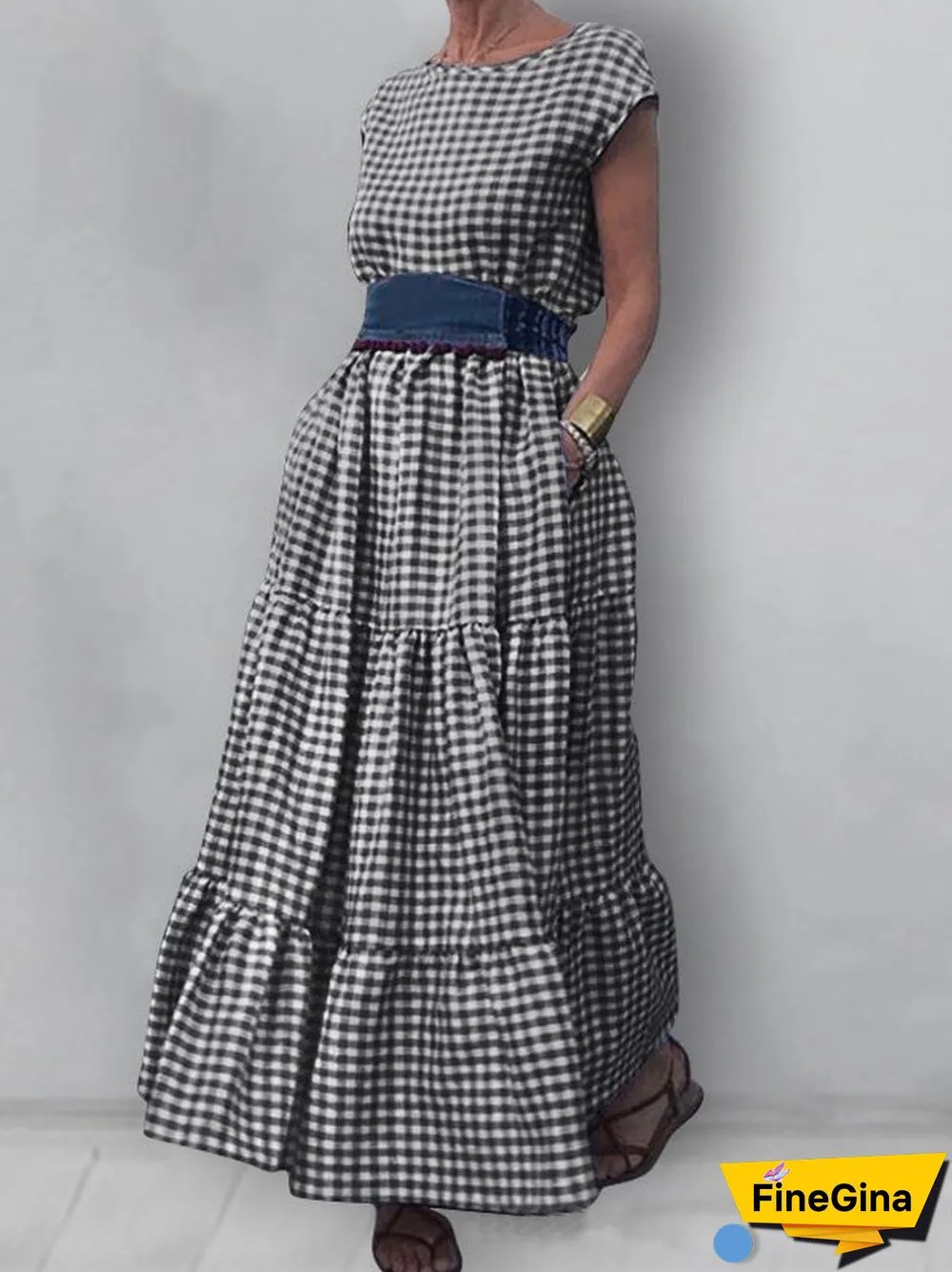 Women'S Dresses Check Print Crew Neck Pocket Maxi Dress