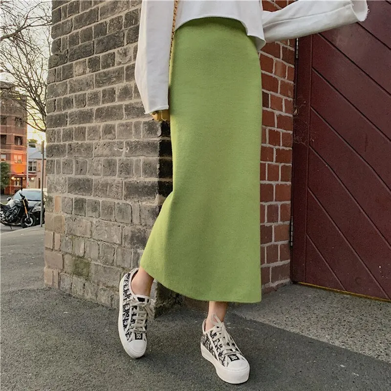 Colorful Women Knitted Skirt Elastic Waist Female Sweater Skirts A-line Split Lady Skirt 2019 Autumn Winter Midi Skirts Femme