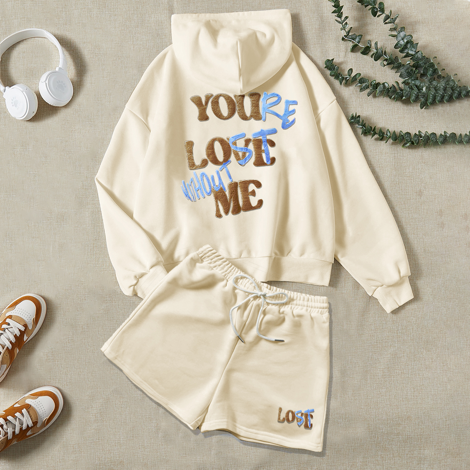  "YOU LOVE ME,YOU'RE LOST WITHOUT ME"Puff Print Hoodie And Shorts Co-Ord