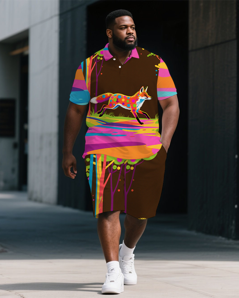 Big Guy's Dreamy Colorful Fox Cartoon Printed Short-Sleeve Polo Shirt & Shorts Set