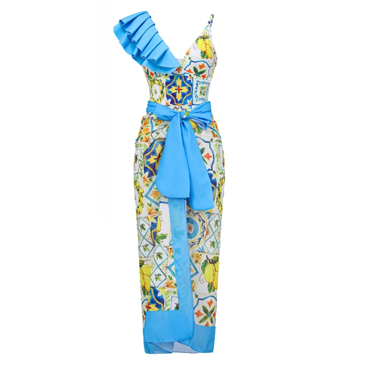 Flaxmaker Ruffle Majolica Print One Shoulder One Piece Swimsuit and Sarong