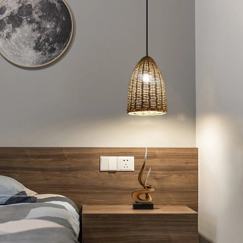 Rattan Bell Pendant Light Rustic Hanging Lampshade For Bedroom