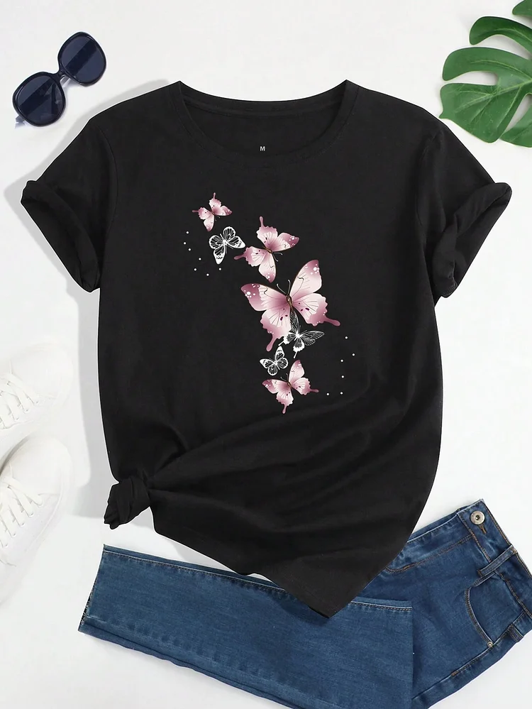 💫Stylish Pick-Women's Summer Butterfly Print Round Neck Short Sleeve Casual T-Shirt-ANB05171