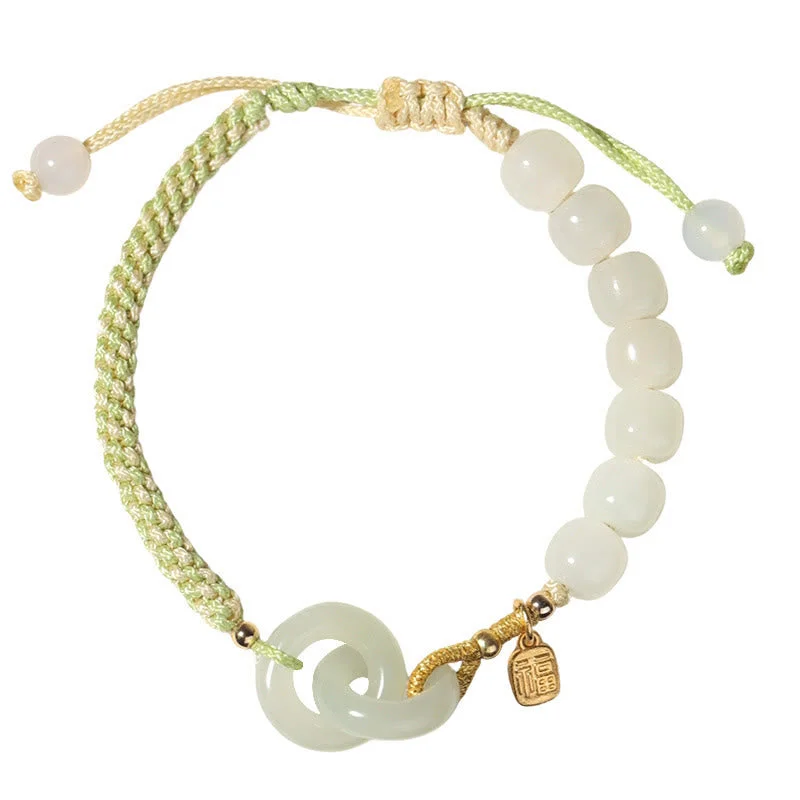 Natural Hetian Jade Bead Double Peace Buckle Fu Character Abundance Braided Bracelet