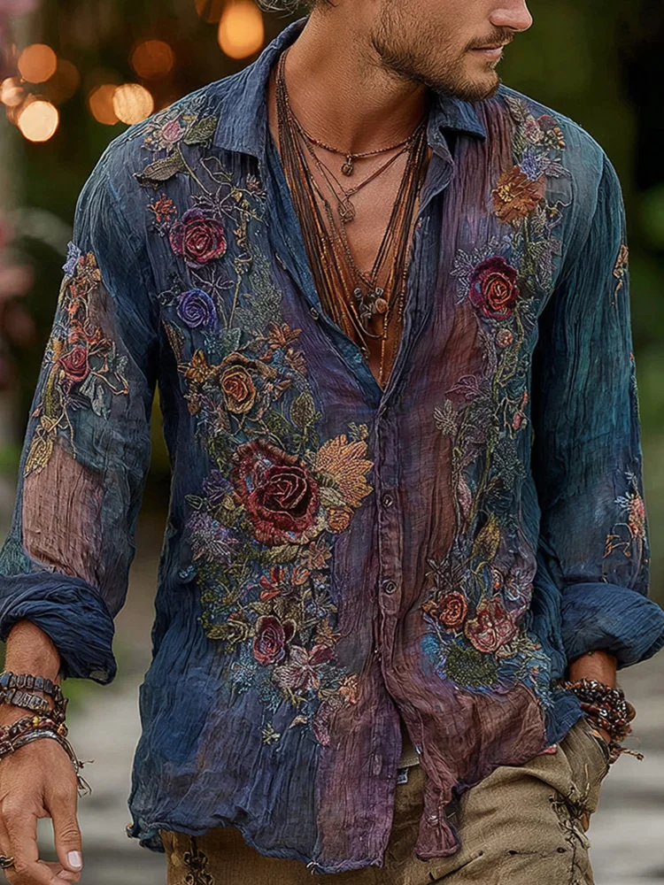 Men's Vintage Floral Embroidered Comfy Linen Shirt