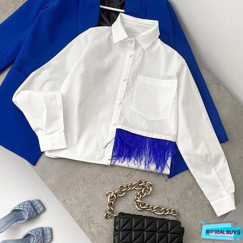Back to school Casual Long Sleeve Feather Patchwork White Shirt Women Spring Button Up Lapel Chic Blouse Streetwear Simple Crop Top Oversized
