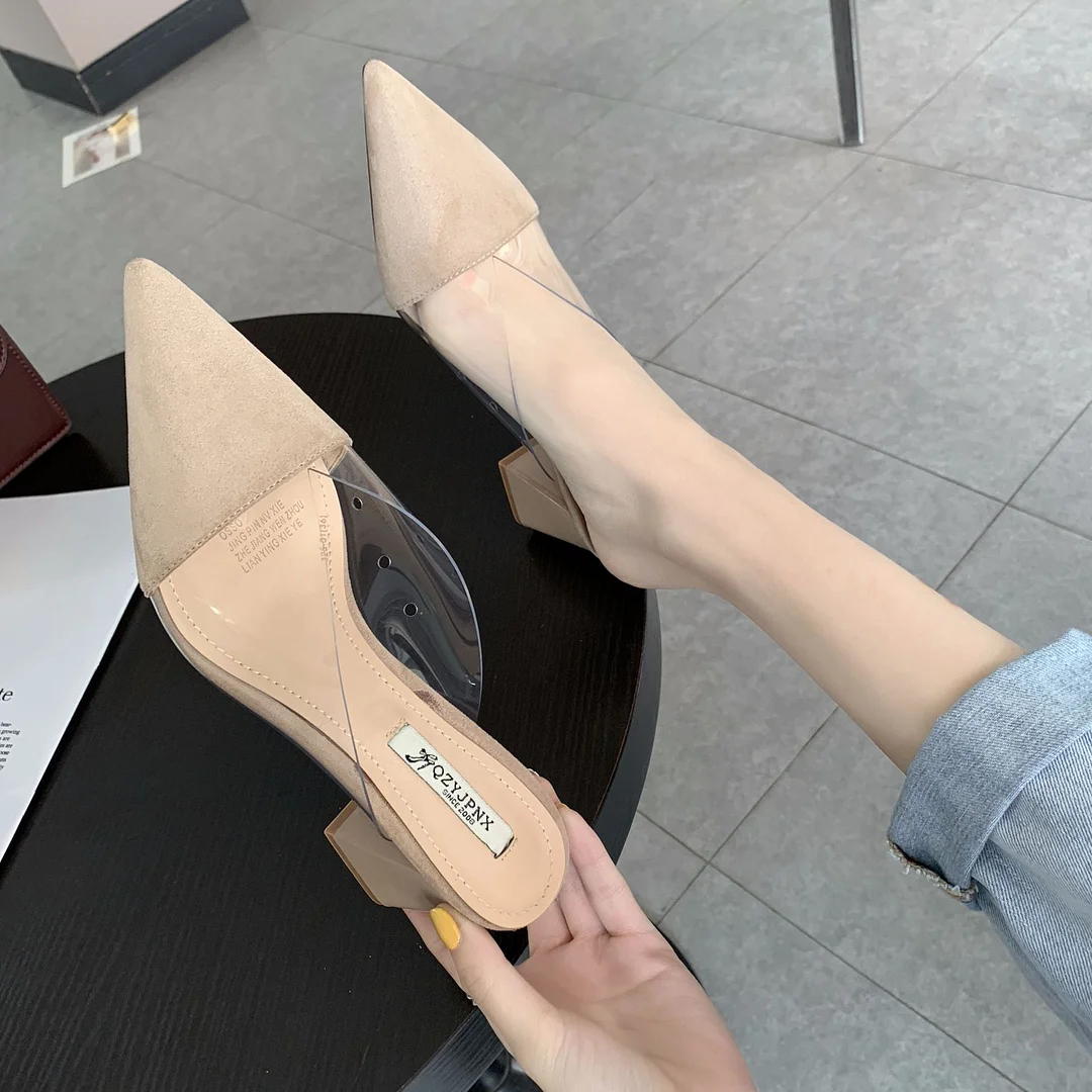 Pointed Toe Suede Square heel High heels Muller slippers women  summer shoes women Fashion Patchwork Shallow ladies shoes