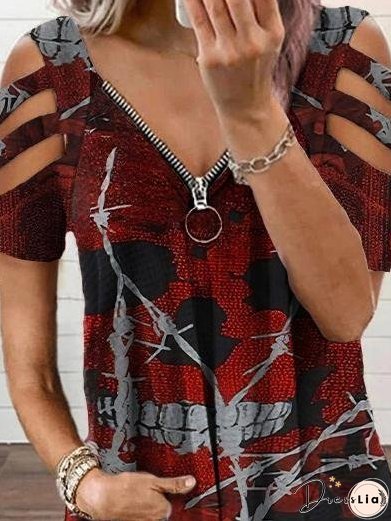 Printed V-neck Off Shoulder T-shirt