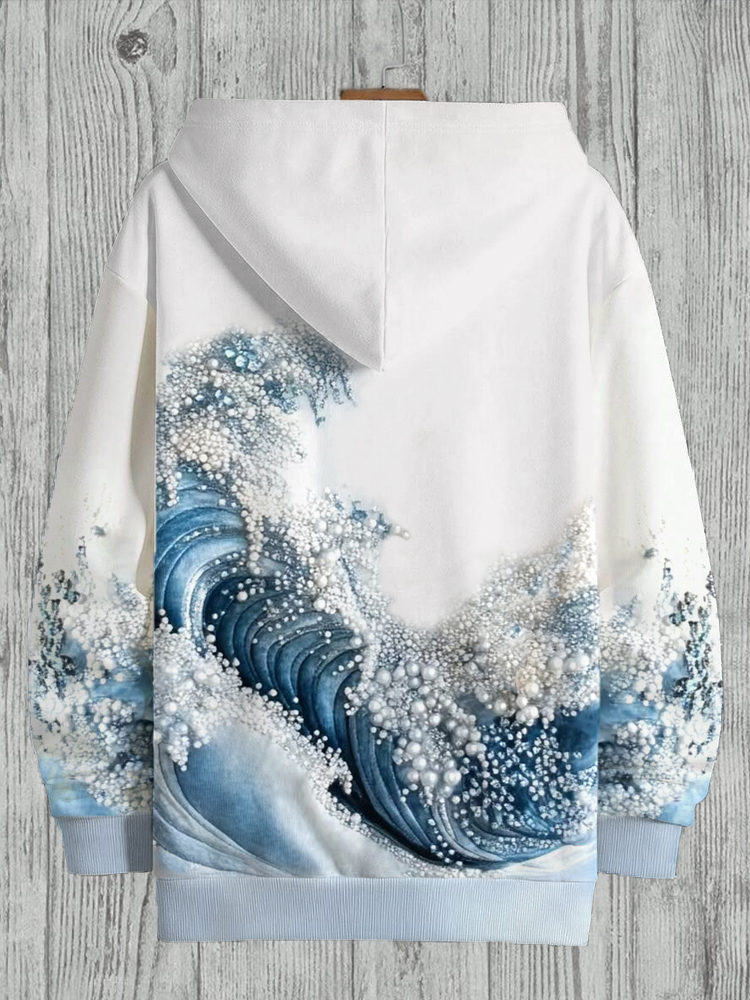 Comstylish Men's The Great Wave Off Kanagawa Inspired Embroidered Hoodie