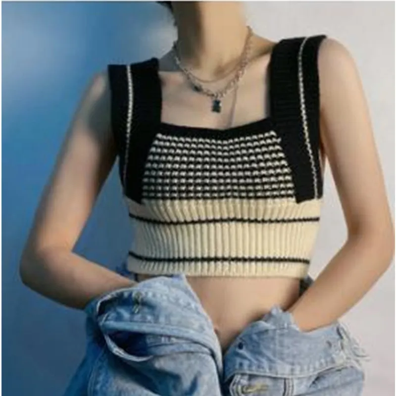 Womens Autumn Fashion Knitted Vest Loose Patchwork Sweater Vintage Square Neck Sleeveless