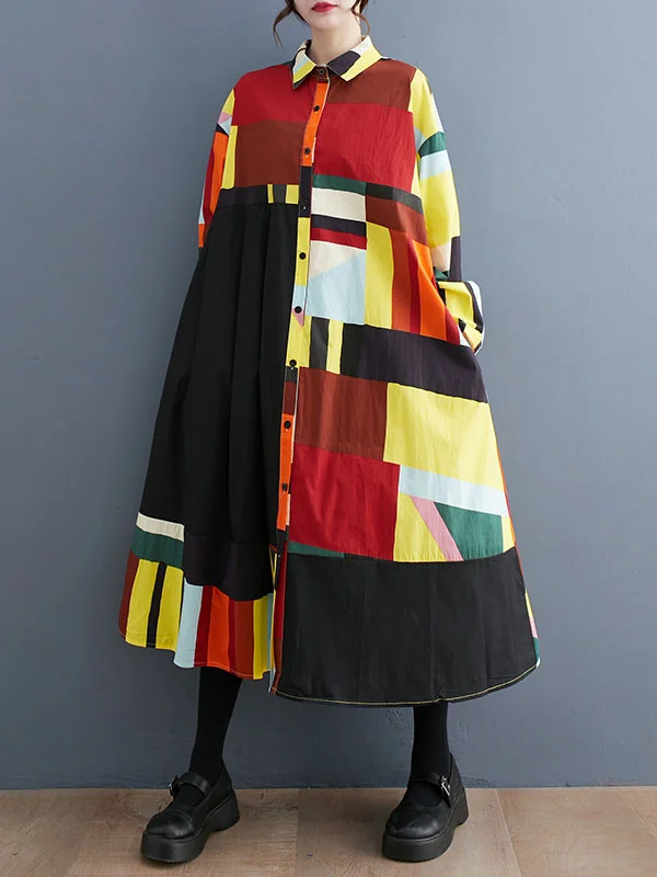 Long Sleeves Loose Color-Block Printed Split-Joint Lapel Midi Dresses