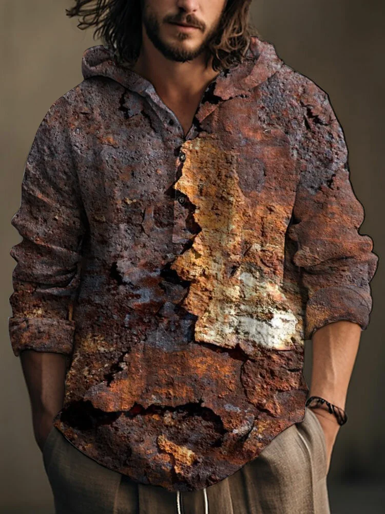 Men's Vintage Distressed Rust Printed Cotton and Linen Long Sleeve Hooded Shirt