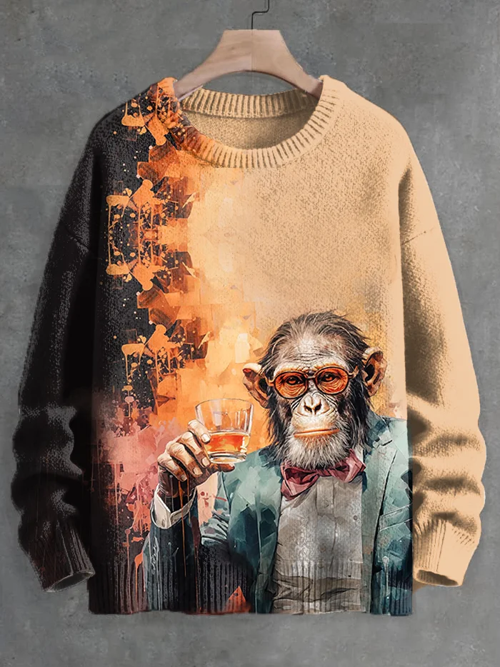 Men's Monkey Gentleman Drinking Whiskey Oil Painting Knit Sweatshirt