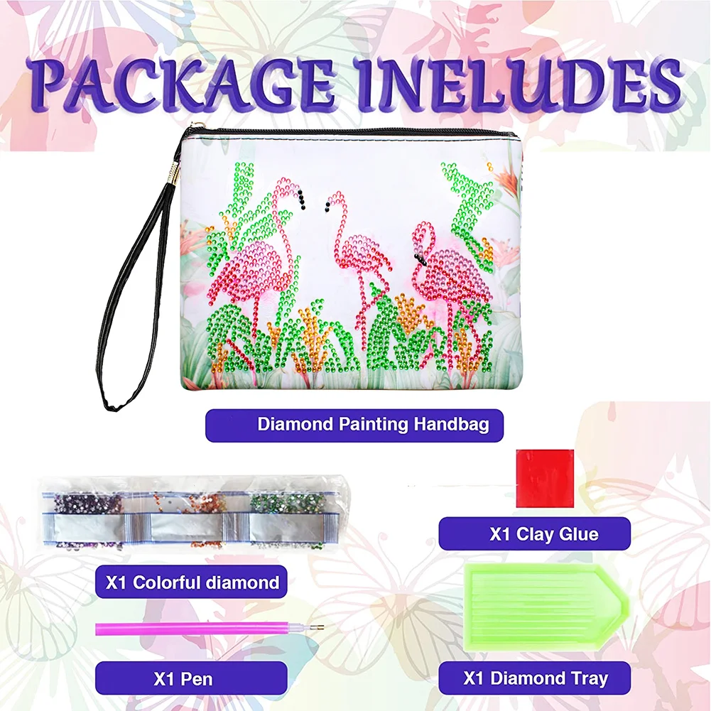 DIY Flamingo Diamond Art Cosmetic Bag Flowers Single Sided PU Women Clutch