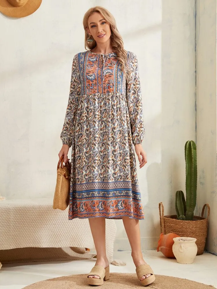 Tie Neck Floral Print Lantern Sleeve Smock Dress