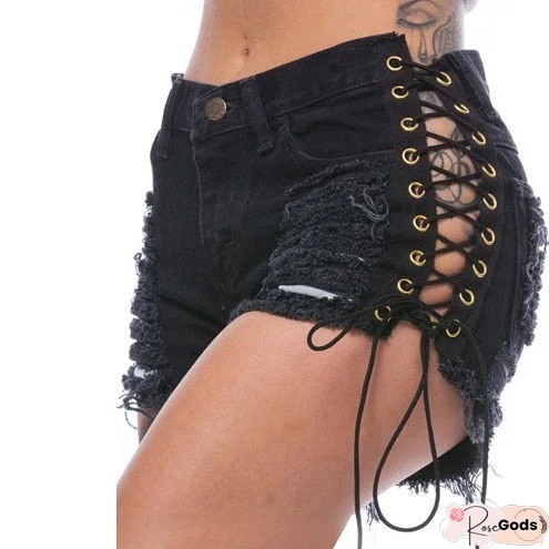 Summer Lacing Women Denim Shorts Hole Slim Jeans Shorts Short Pants