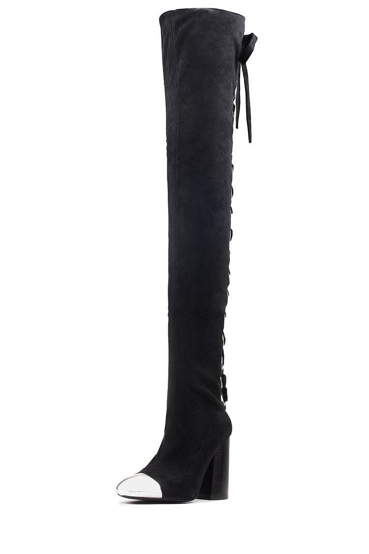Black Suede Lace Up Boots Block Heel Thigh-high Boots |FSJ Shoes