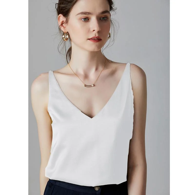 Solid Color V-neck White Silk Camisoles