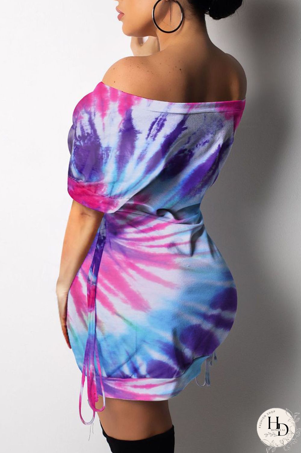 purple Fashion Sexy Patchwork Print bandage One word collar Hip skirt Dresses