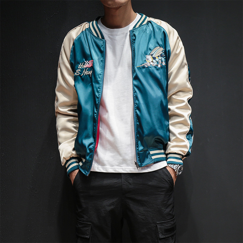 Gersit Two-sided Luxury Embroidered Bomber Jacket Smooth Men's Sukajan Yokosuka Souvenir Jacket Streetwear Hip-hop Baseball Jacket